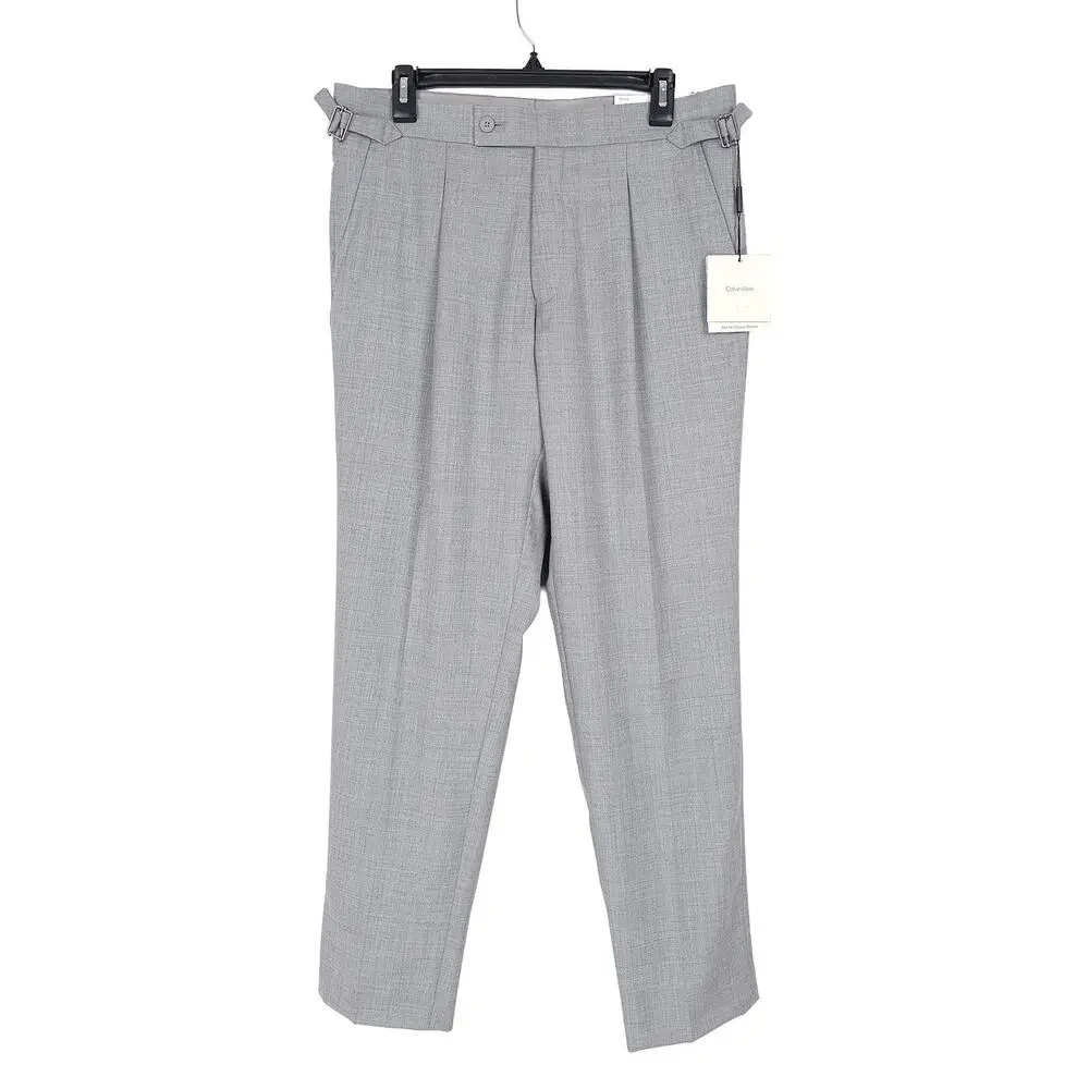 Calvin Klein Mens Slim Fit Wool Dress Pants 34x30 Light Grey Solid Pleated NWT